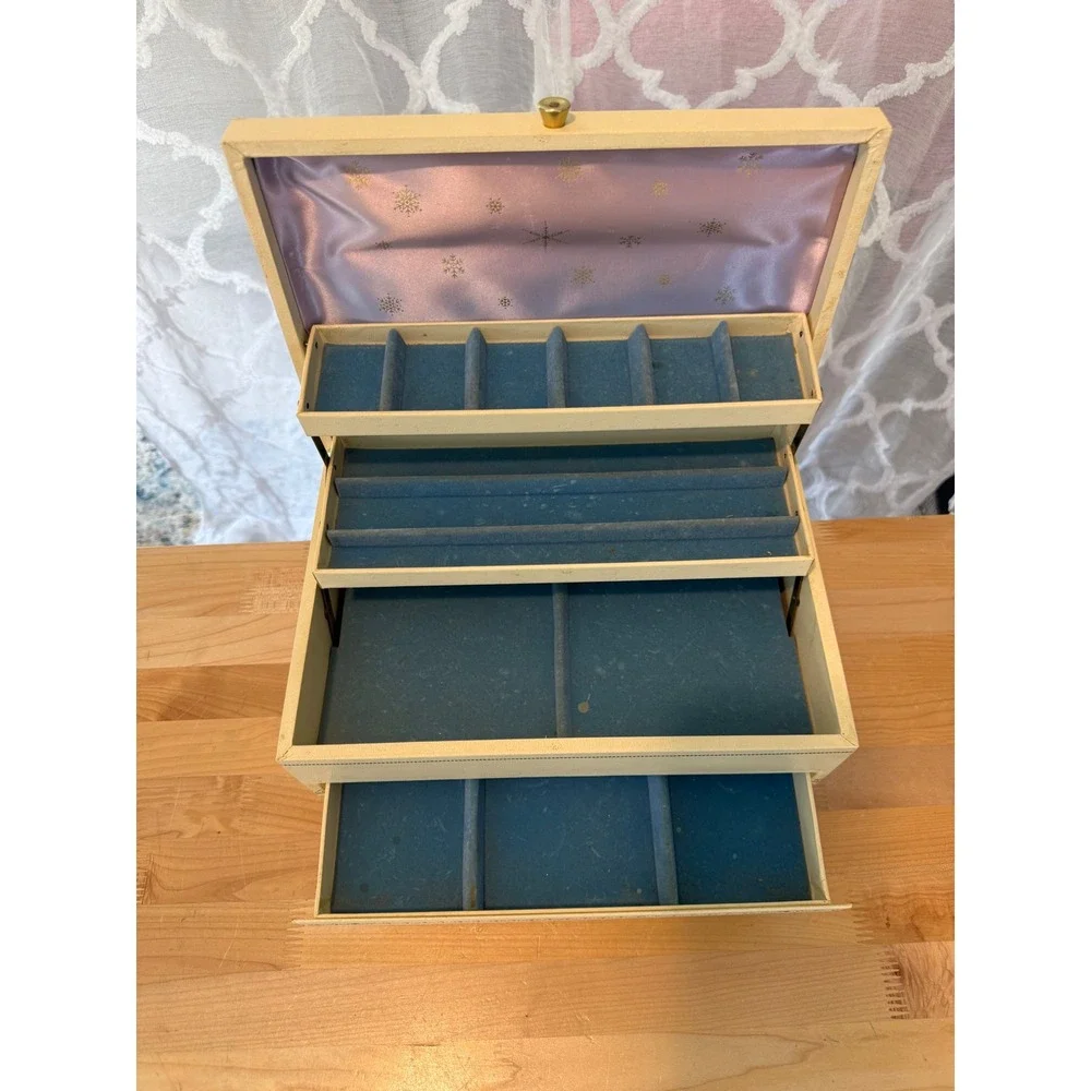 Vintage Cream Faux Leather Multi Tier Jewelry Box Blue Velvet Lilac Satin Lining